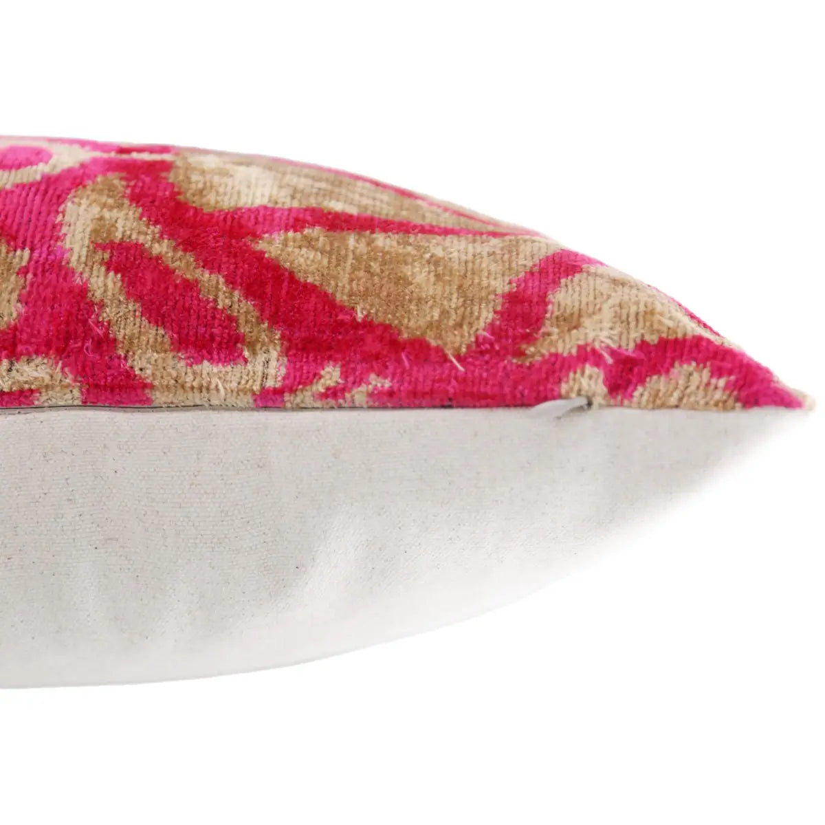 Fuchsia Beige Silk Velvet Lumbar Pillow – 16x24 Handmade Ikat Luxury Cushion - Canvello