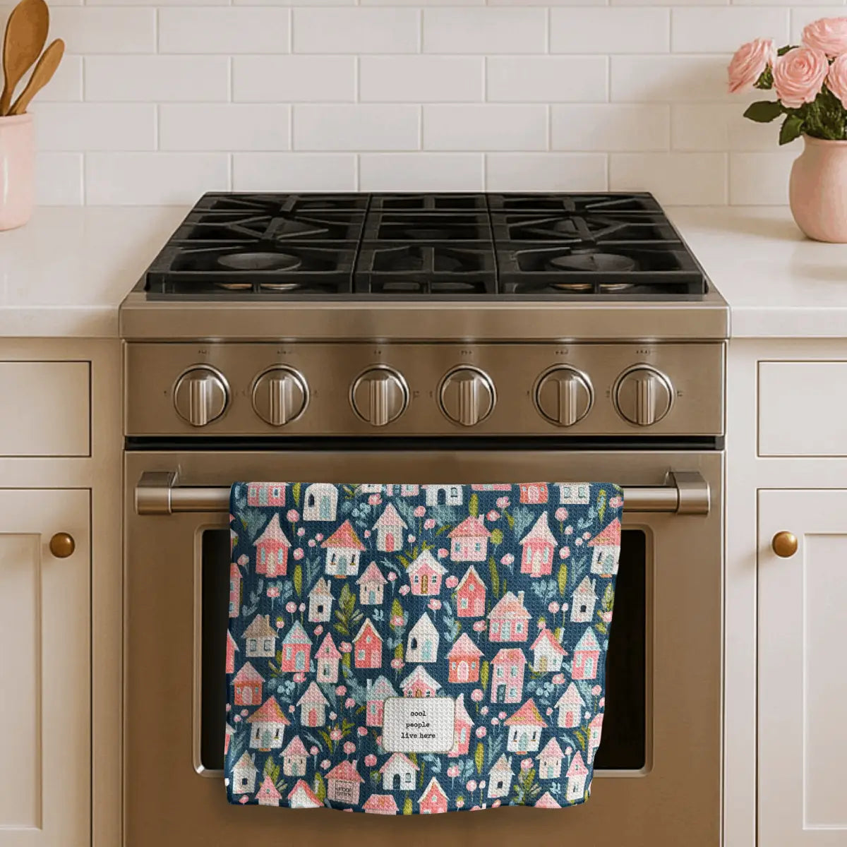 Funny Vintage Floral Kitchen Towel - Cool People Live Here - Urban Smirk