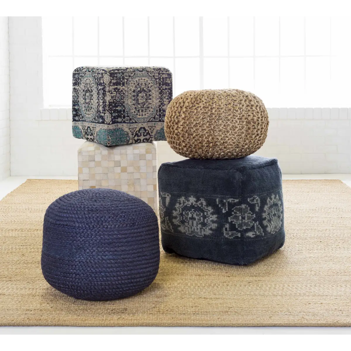Gail Navy Jute Knitted Pouf - 19.75’’ x 19.75’’ x 16’’ Cylinder - Boutique Rugs