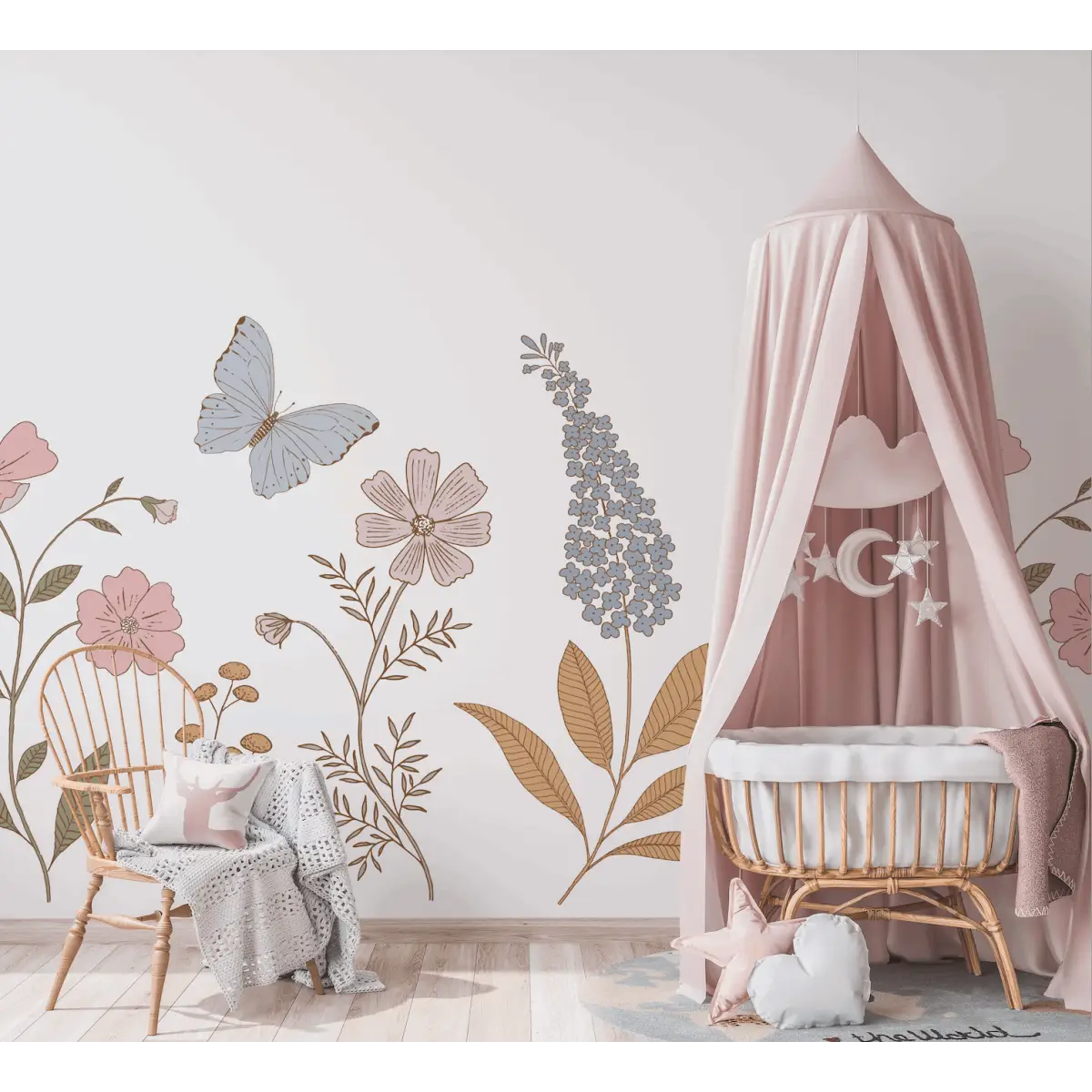 Geneva Wallpaper Mural - Flowers and Butterfly - by Gooseberry Moon - Loomwell Home Goods