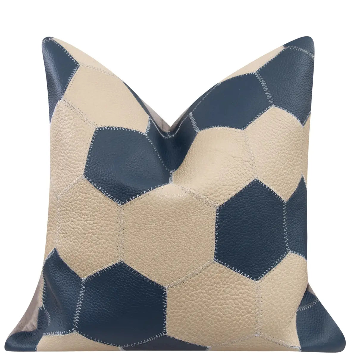 Luxury Leather Pillow - Navy Blue and Cream Hexagonal Patchwork - Canvello