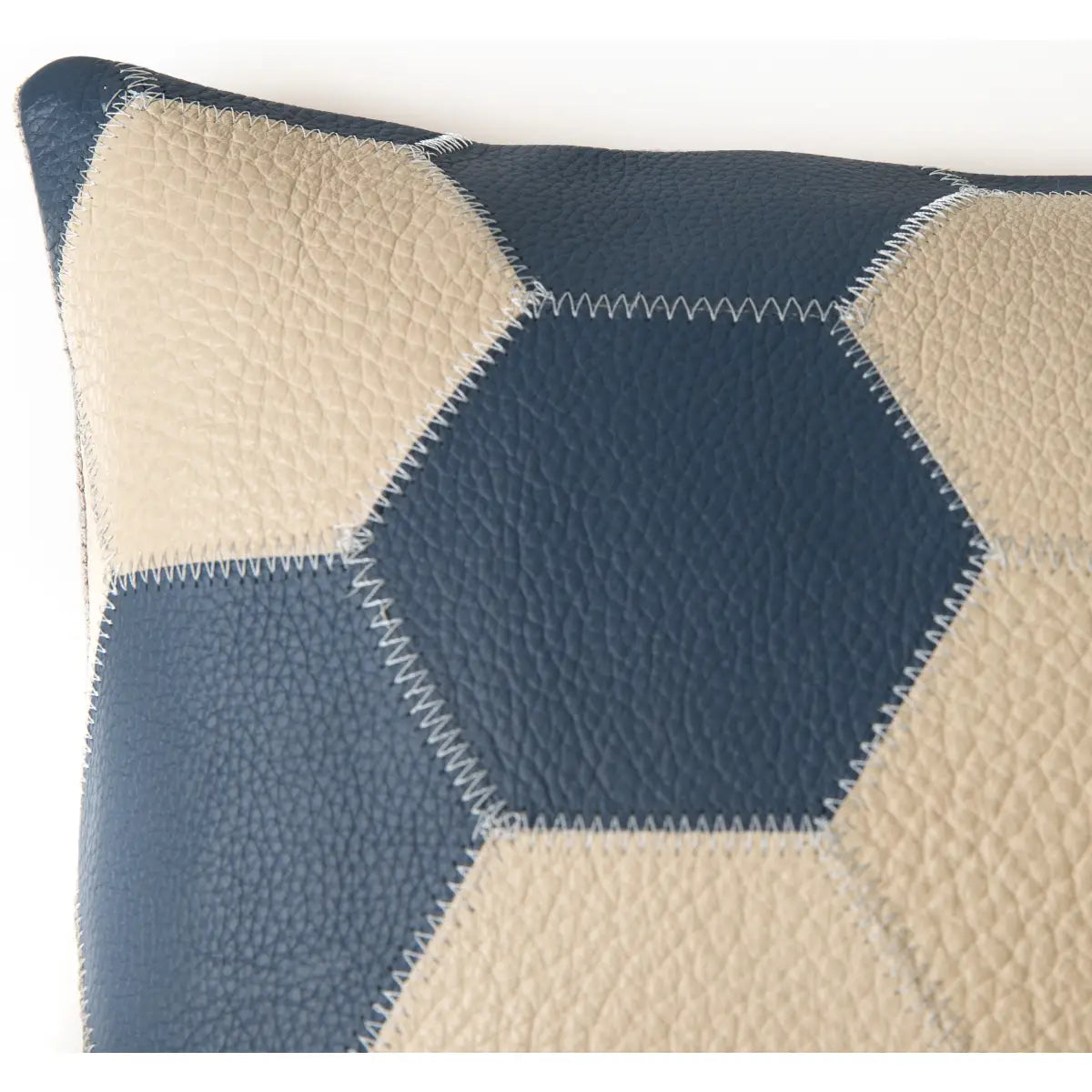 Luxury Leather Pillow - Navy Blue and Cream Hexagonal Patchwork - Canvello