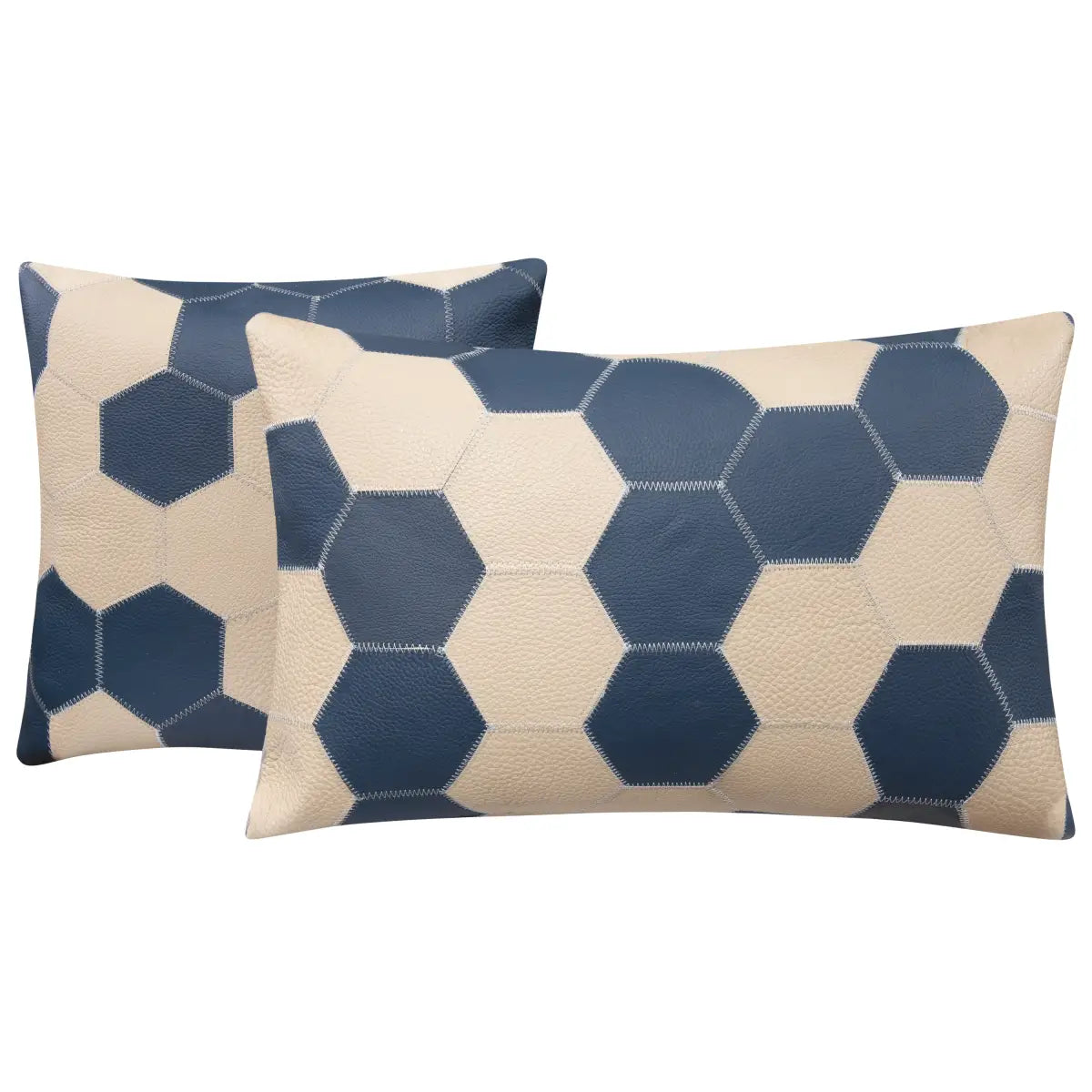 Luxury Leather Pillow - Navy Blue and Cream Hexagonal Patchwork - Double Set (18’’x18’’ + 16’’x24’’) - Canvello