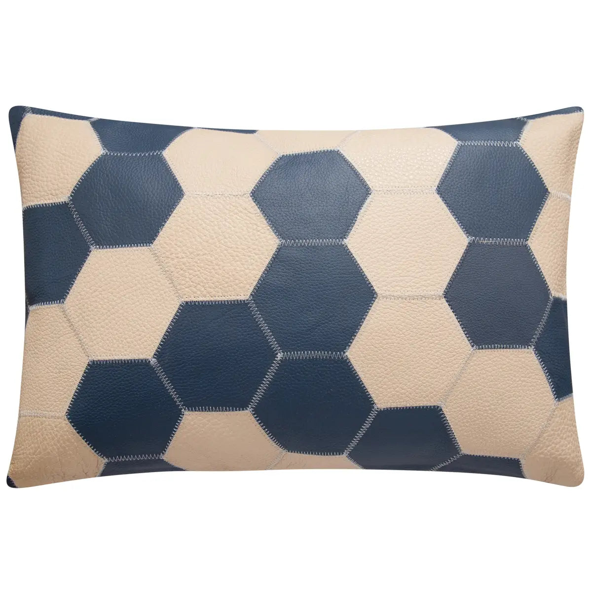 Luxury Leather Pillow - Navy Blue and Cream Hexagonal Patchwork - Canvello