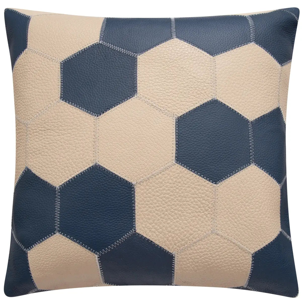 Luxury Leather Pillow - Navy Blue and Cream Hexagonal Patchwork - Single 18’’x18’’ - Canvello