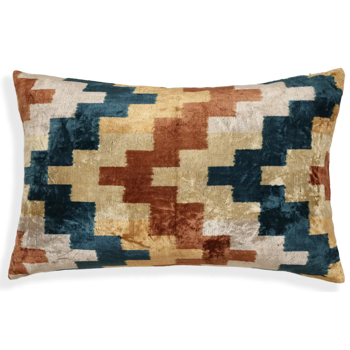 Geometric Rust and Teal Silk Velvet Pillow 16x24 Handmade Luxury Lumbar Cushion - Canvello