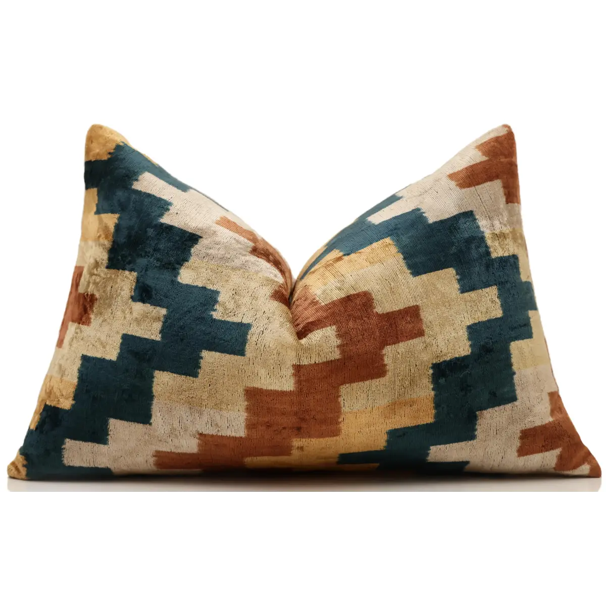 Geometric Rust and Teal Silk Velvet Pillow 16x24 Handmade Luxury Lumbar Cushion - Canvello