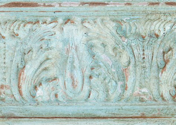 Cracked gesso antique wood molding in distressed turquoise with red undertones