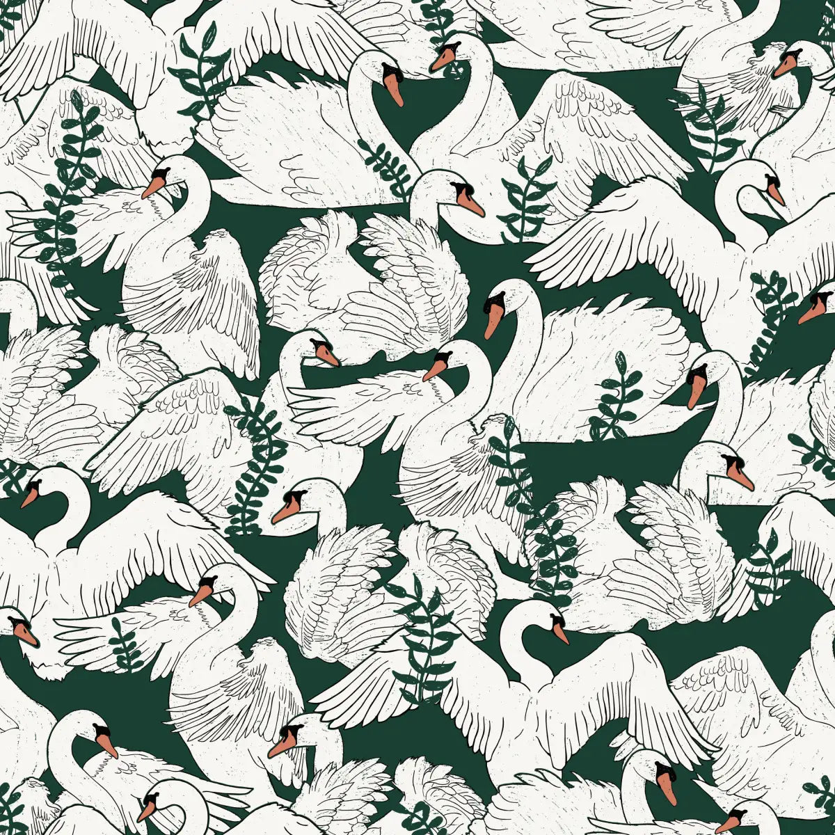Gia Wallpaper - Swans - by Brittany Polatis Design - Sample 1 foot by 1 foot / Green - Loomwell Home Goods