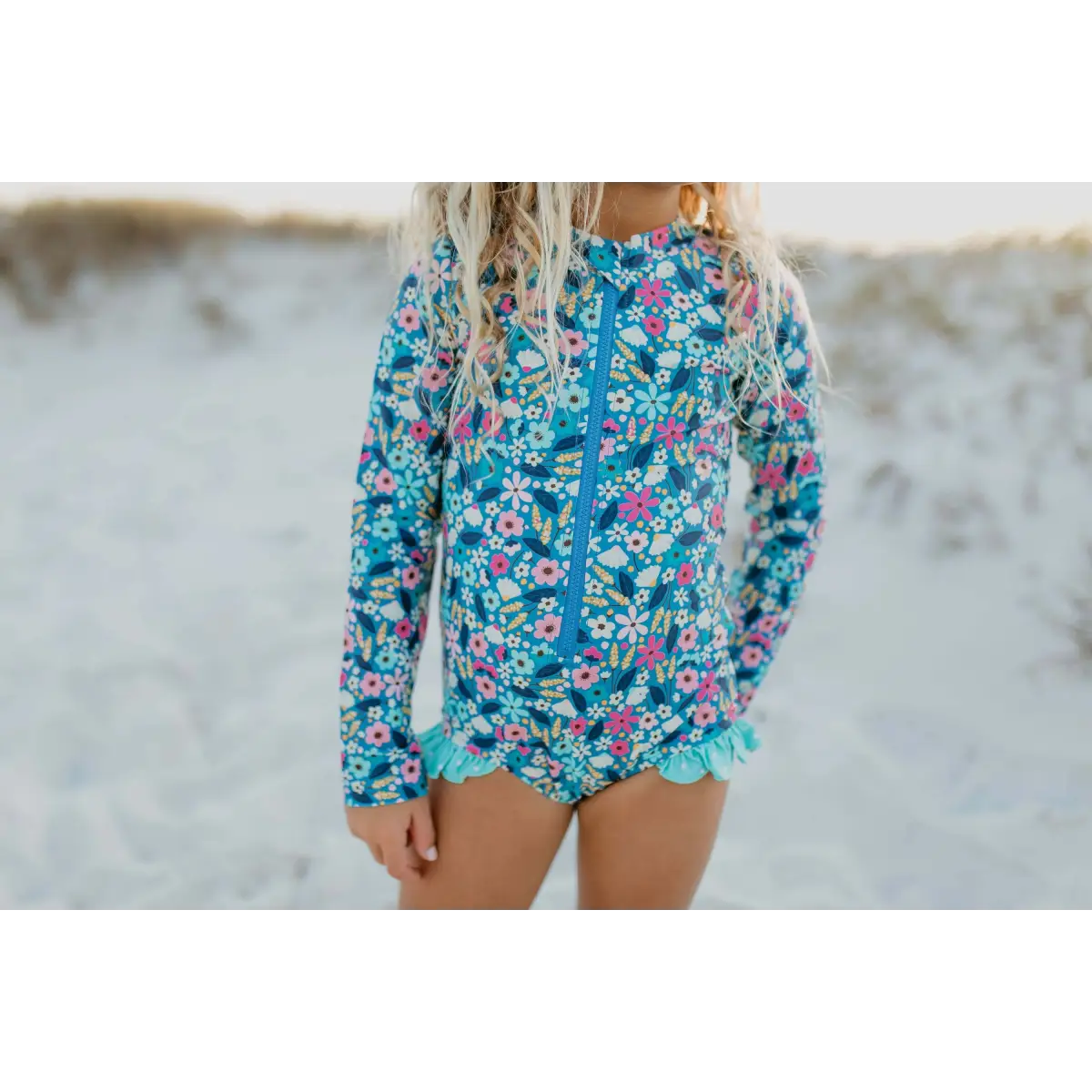 Girls Blue Floral Rash Guard Zip Swimsuit - 8 - Wren & James