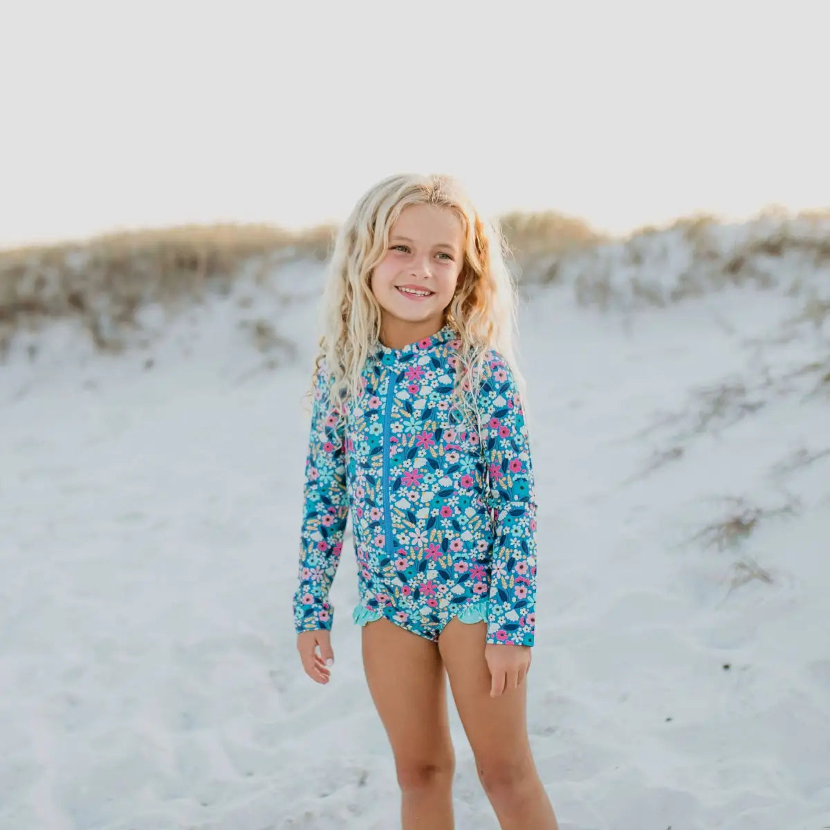 Girls Blue Floral Rash Guard Zip Swimsuit - 8 - Wren & James