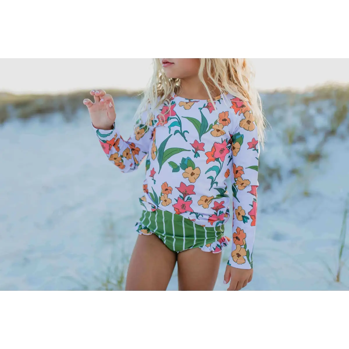 Girls Green Stripe Floral Rash Guard 2pc Swimsuit - 10 - Wren & James