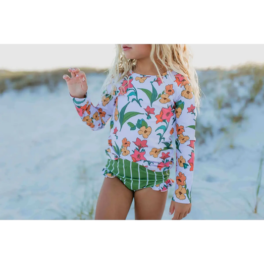 Girls Green Stripe Floral Rash Guard 2pc Swimsuit - 10 - Wren & James