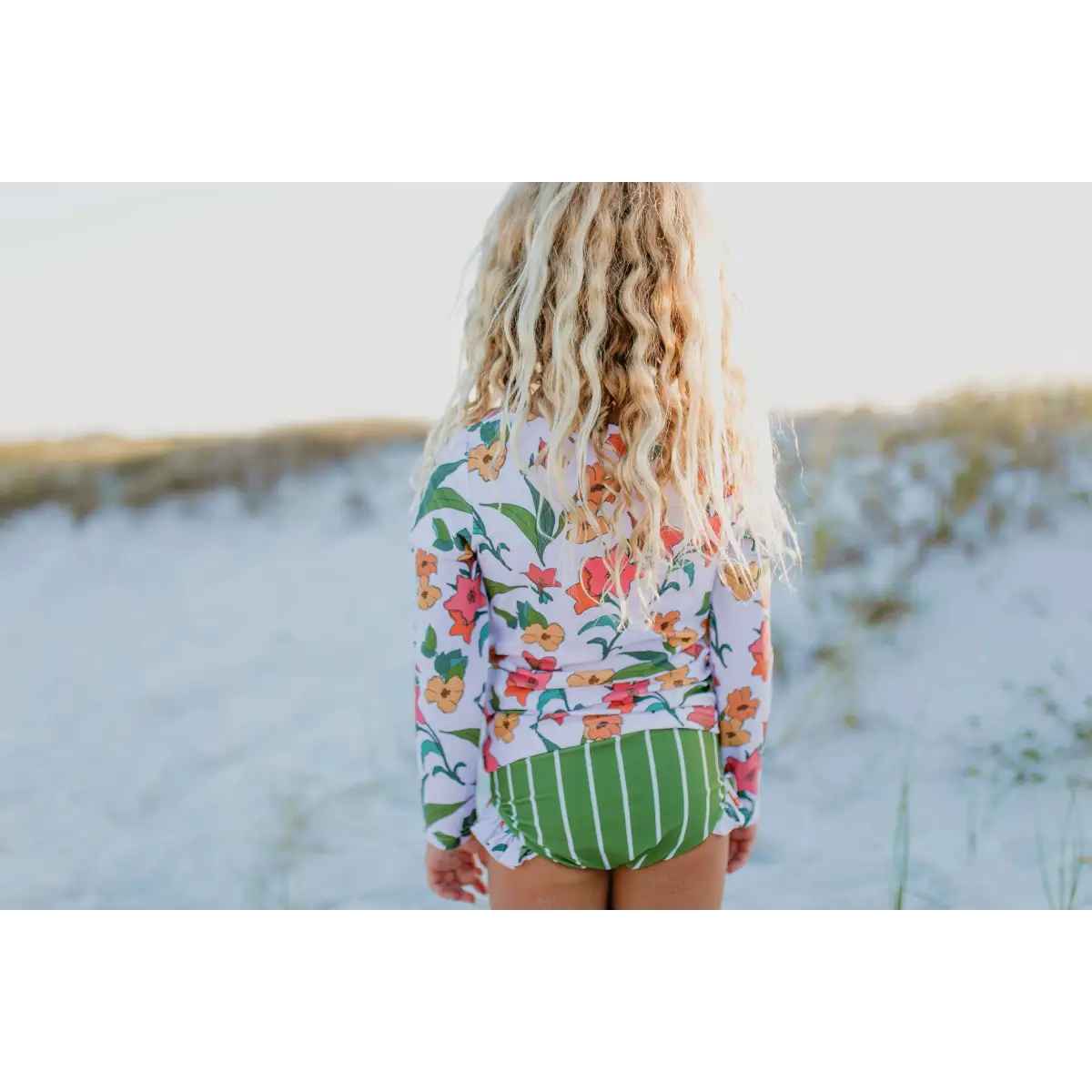 Girls Green Stripe Floral Rash Guard 2pc Swimsuit - 10 - Wren & James