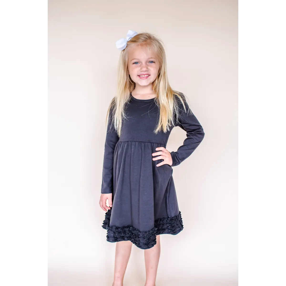 Girl’s Long Sleeve Ruffle Empire Waist Dress (12M-Toddler) - Black / 12M - ARB Blanks