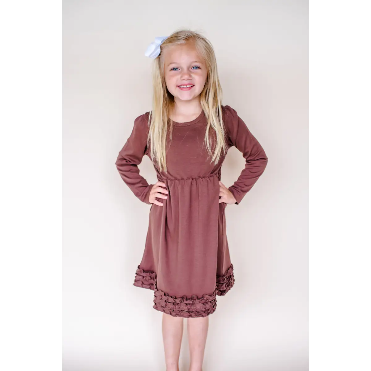 Girl’s Long Sleeve Ruffle Empire Waist Dress (12M-Toddler) - Brown / 12M - ARB Blanks