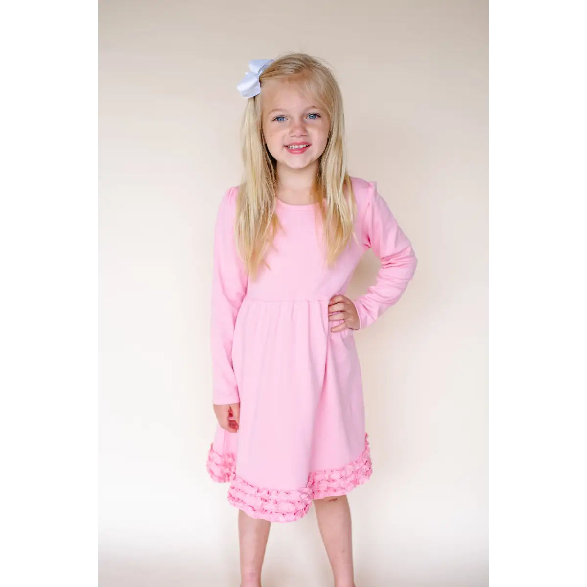 Girl’s Long Sleeve Ruffle Empire Waist Dress (12M-Toddler) - Bubble Gum Pink / 12M - ARB Blanks