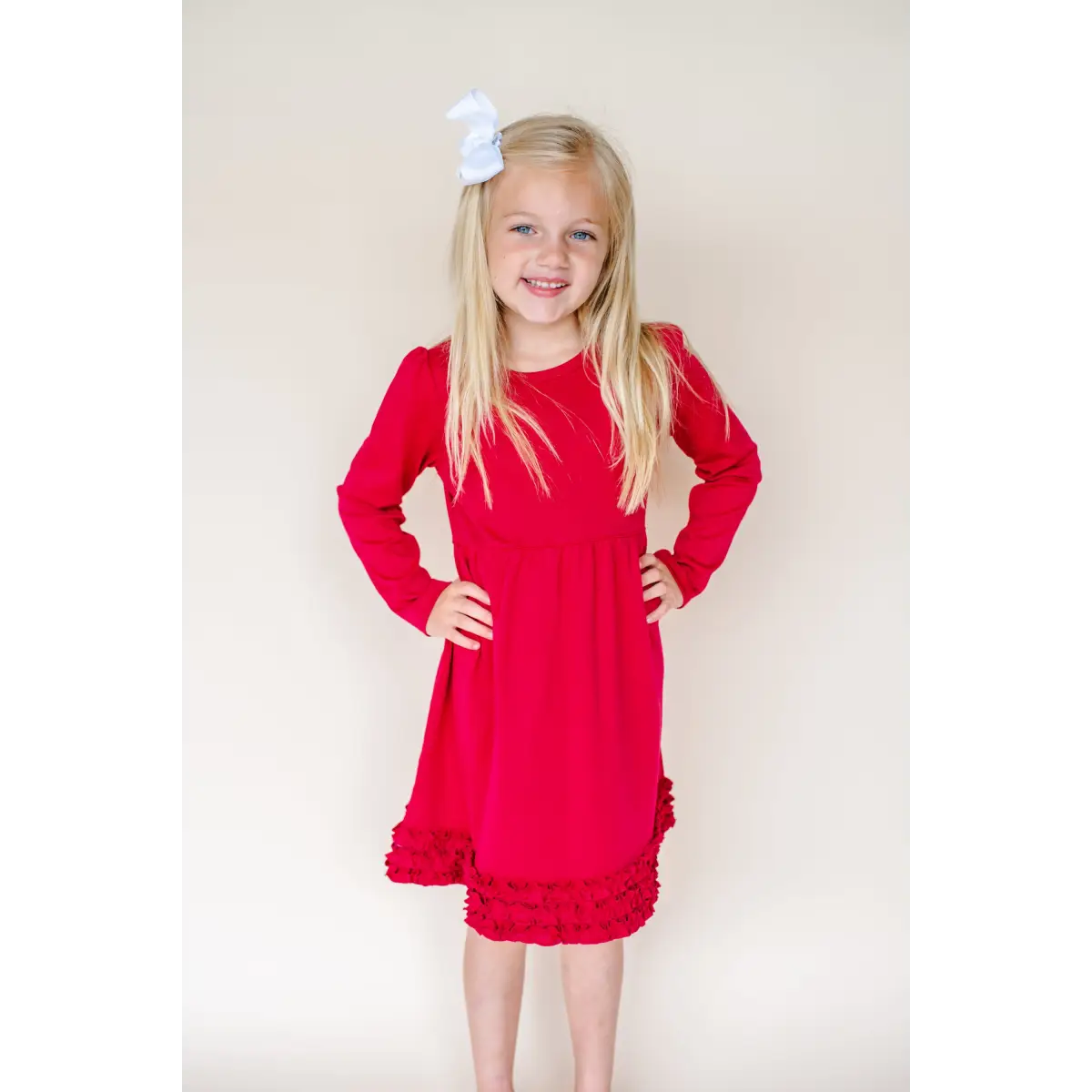 Girl’s Long Sleeve Ruffle Empire Waist Dress (12M-Toddler) - Crimson / 12M - ARB Blanks