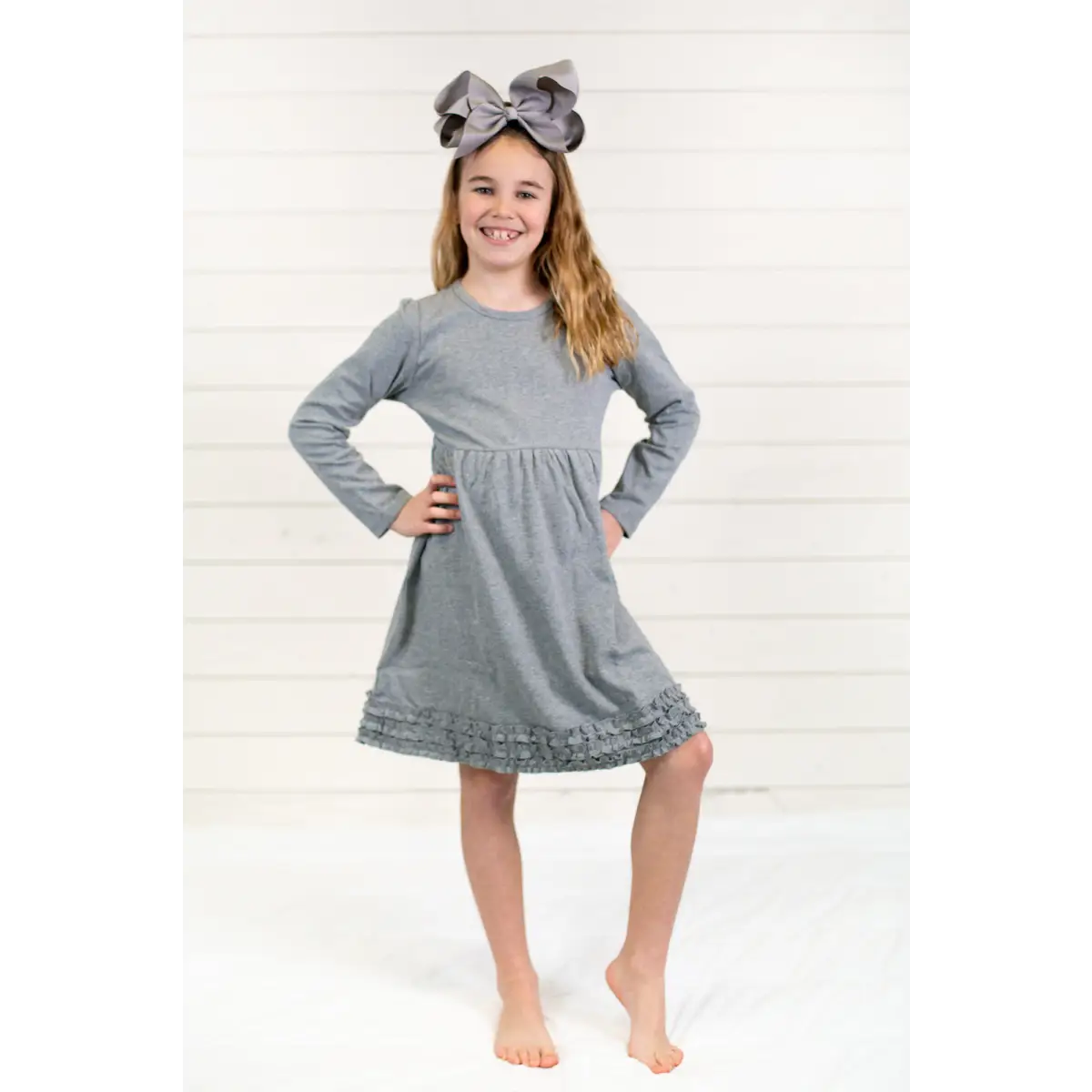 Girl’s Long Sleeve Ruffle Empire Waist Dress (12M-Toddler) - Grey / 12M - ARB Blanks