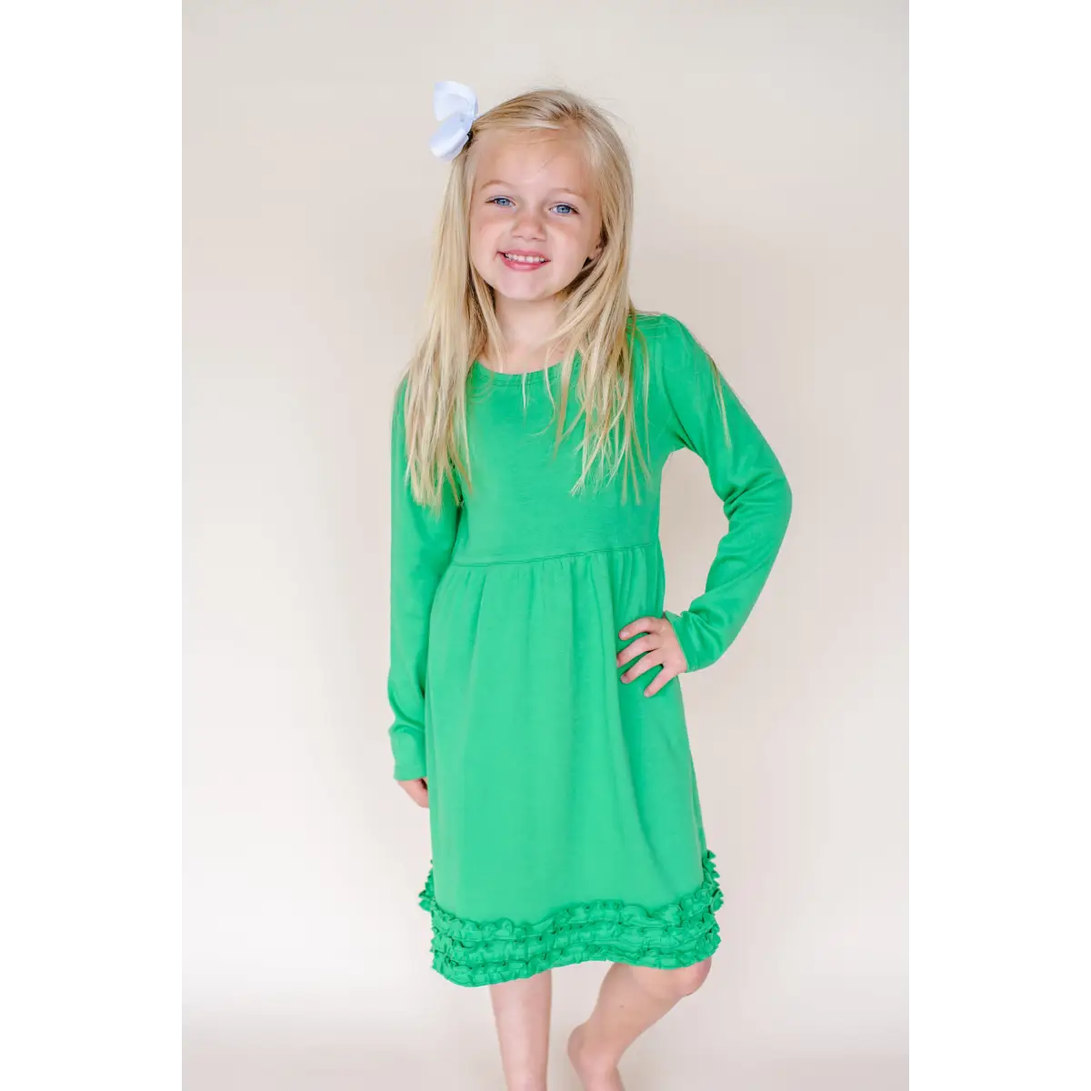 Girl’s Long Sleeve Ruffle Empire Waist Dress (12M-Toddler) - Kelly Green / 12M - ARB Blanks