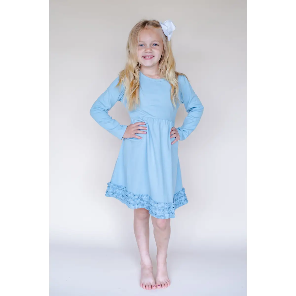 Girl’s Long Sleeve Ruffle Empire Waist Dress (12M-Toddler) - Light Blue / 12M - ARB Blanks