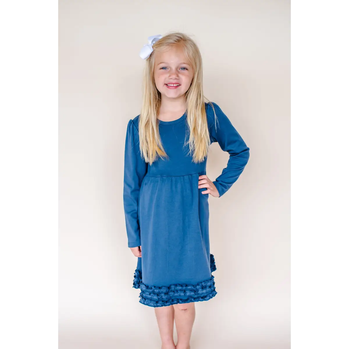 Girl’s Long Sleeve Ruffle Empire Waist Dress (12M-Toddler) - Navy / 12M - ARB Blanks