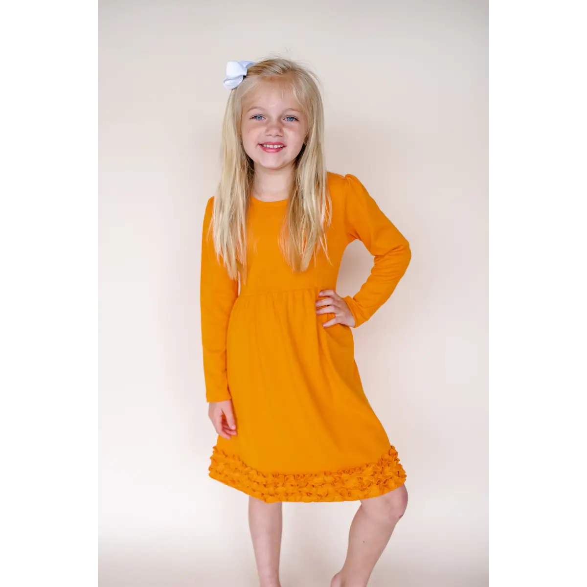 Girl’s Long Sleeve Ruffle Empire Waist Dress (12M-Toddler) - Orange / 18M - ARB Blanks
