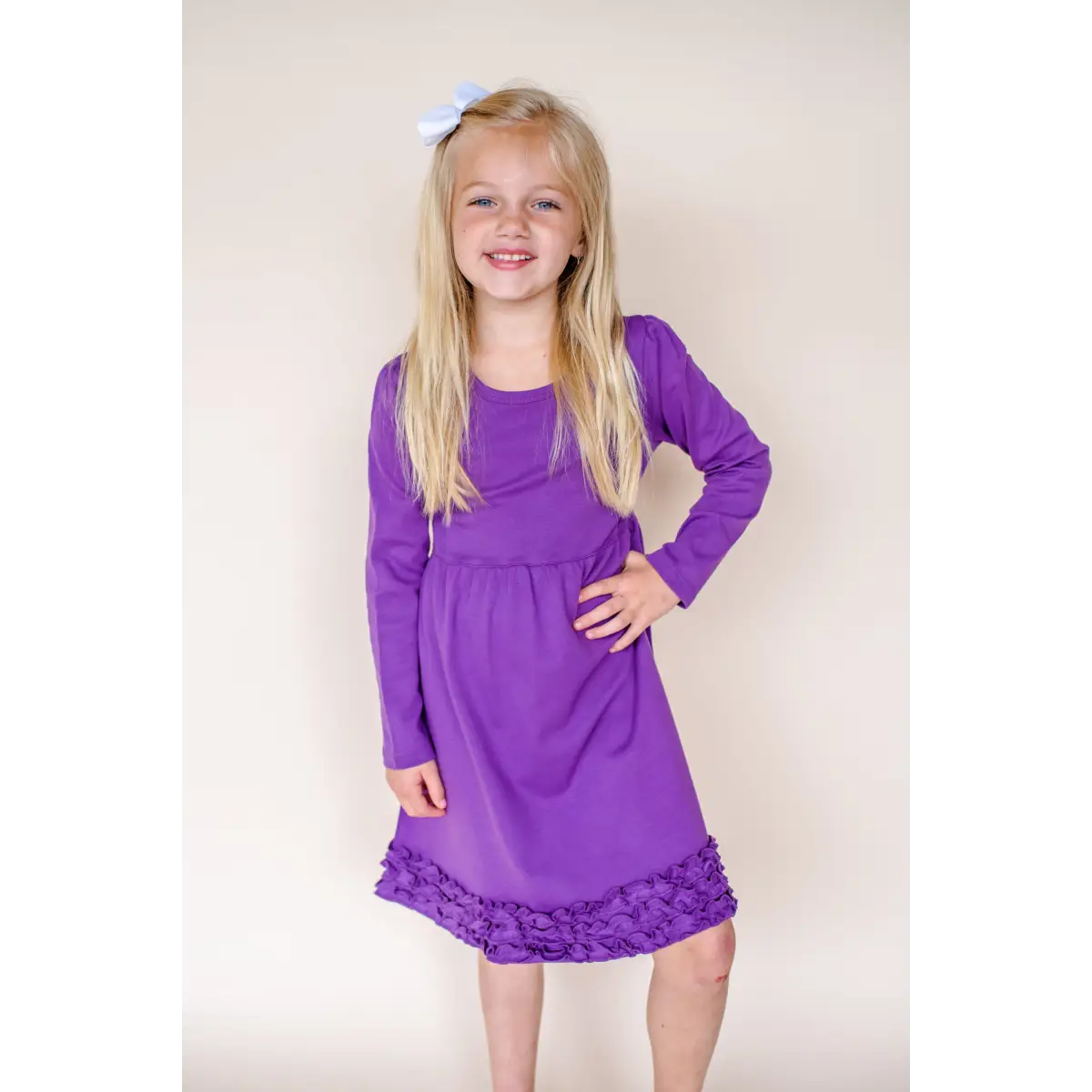 Girl’s Long Sleeve Ruffle Empire Waist Dress (12M-Toddler) - Purple / 12M - ARB Blanks