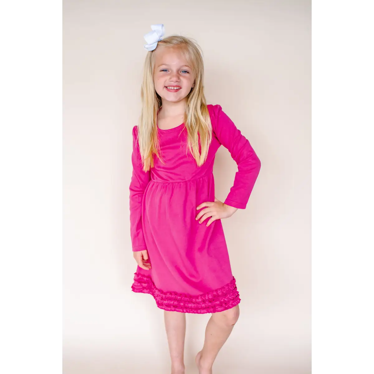 Girl’s Long Sleeve Ruffle Empire Waist Dress (12M-Toddler) - Raspberry / 3T - ARB Blanks