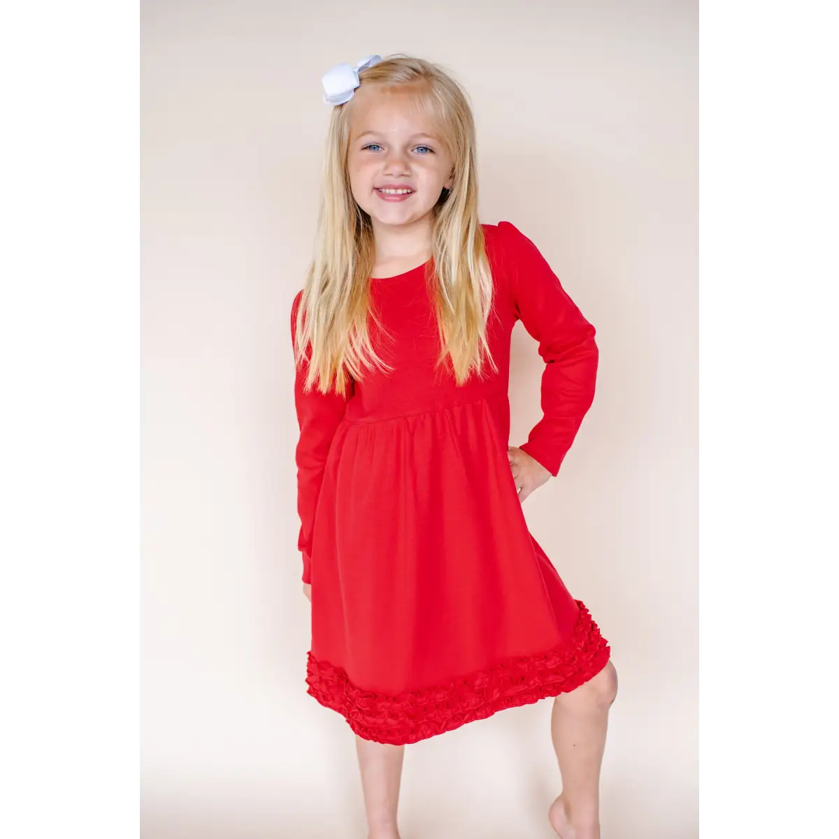 Girl’s Long Sleeve Ruffle Empire Waist Dress (12M-Toddler) - Red / 12M - ARB Blanks