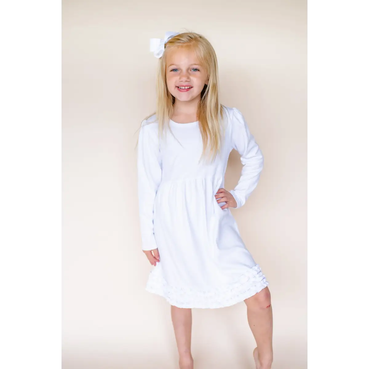 Girl’s Long Sleeve Ruffle Empire Waist Dress (12M-Toddler) - White / 12M - ARB Blanks