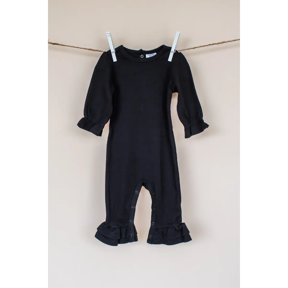 Girl’s Long Sleeve Ruffle Rompers - Black / 3-6 Month - ARB Blanks