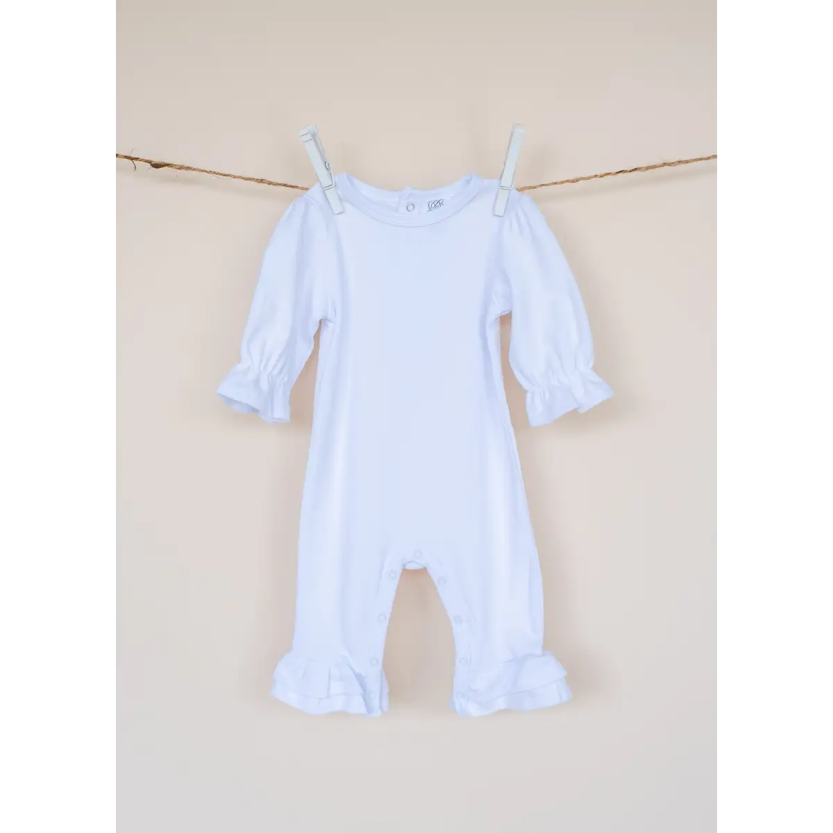Girl’s Long Sleeve Ruffle Rompers - White / 0-3 Month - ARB Blanks