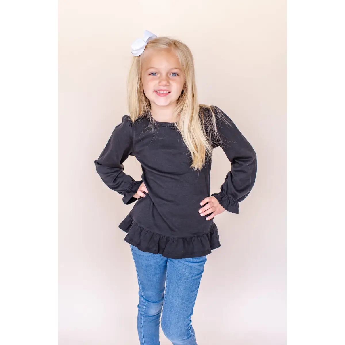 Girl’s Long Sleeve Ruffle Shirt - Black / 12m - ARB Blanks