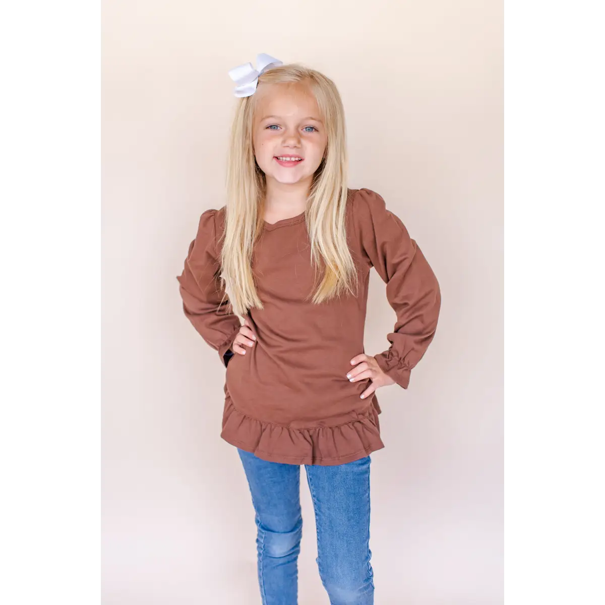 Girl’s Long Sleeve Ruffle Shirt - Brown / 12m - ARB Blanks