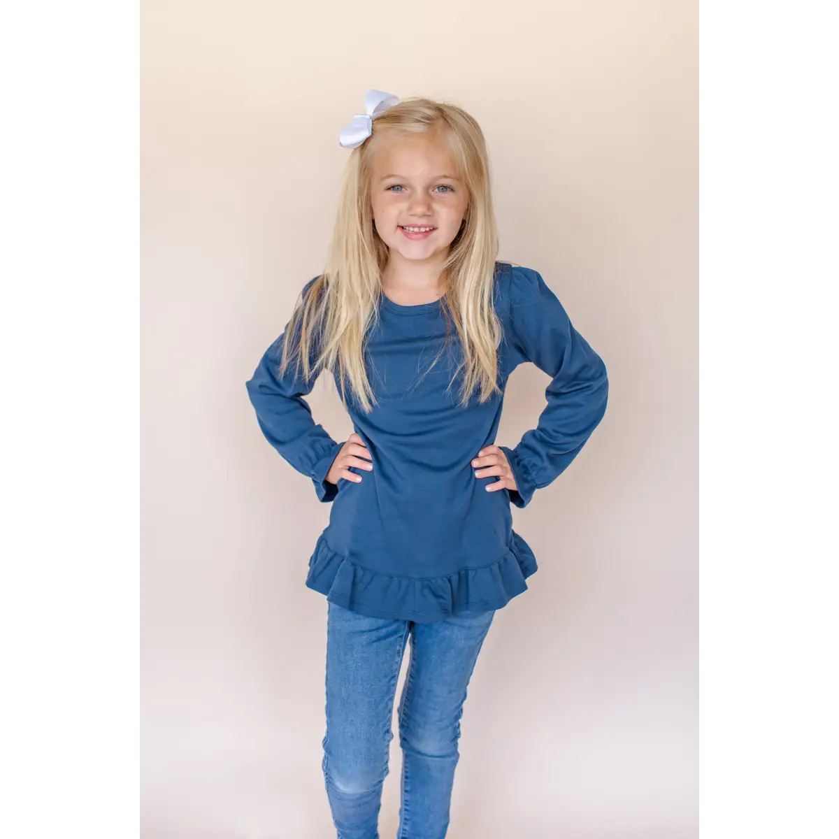 Girl’s Long Sleeve Ruffle Shirt - Navy / 12m - ARB Blanks