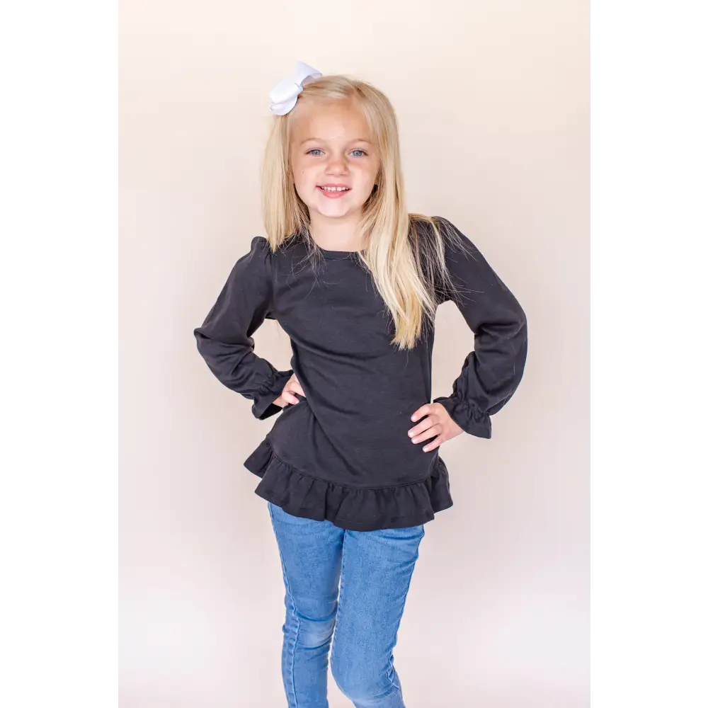 Girl’s Long Sleeve Ruffle Shirt (Youth) - Black / 6 - ARB Blanks