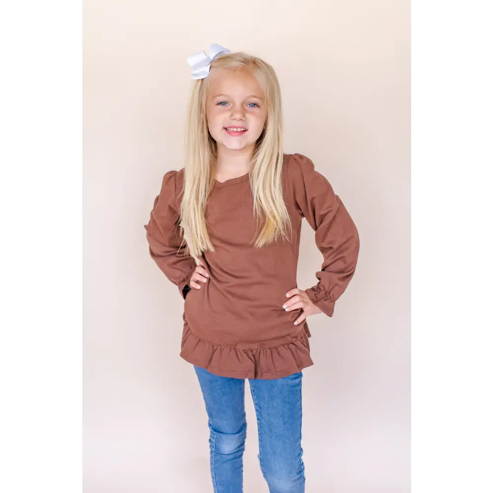 Girl’s Long Sleeve Ruffle Shirt (Youth) - Brown / 6 - ARB Blanks
