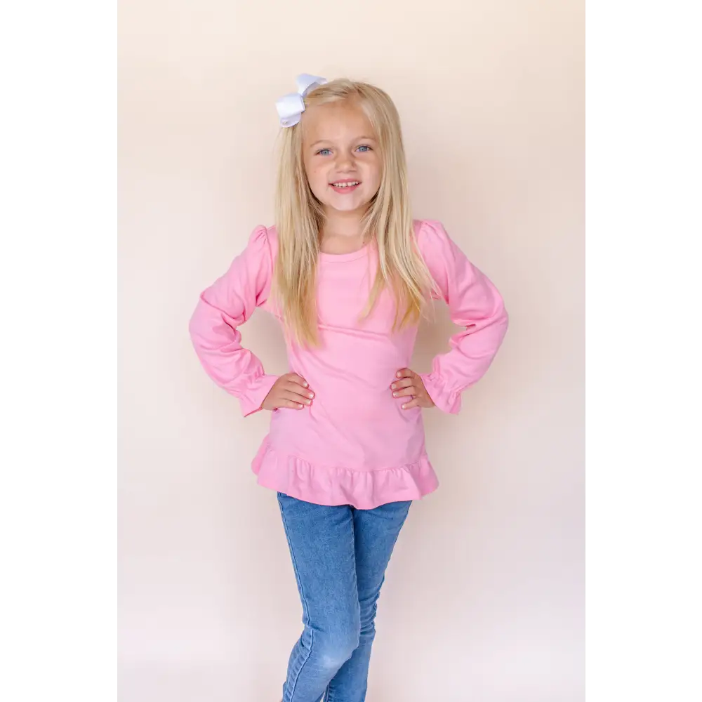Girl’s Long Sleeve Ruffle Shirt (Youth) - Bubble Gum Pink / 6 - ARB Blanks