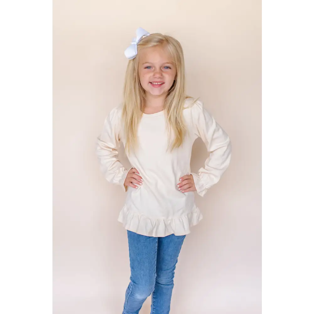 Girl’s Long Sleeve Ruffle Shirt (Youth) - Cream / 6 - ARB Blanks