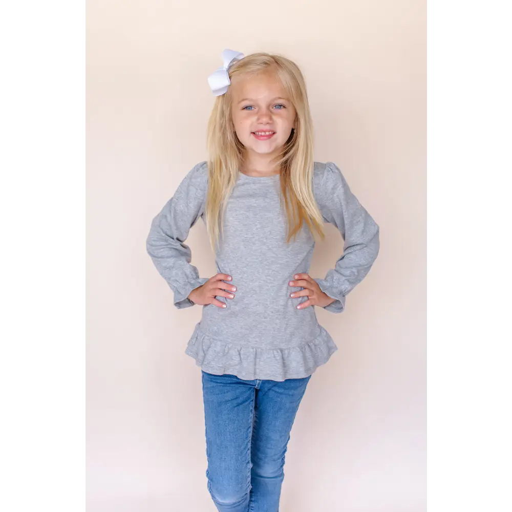 Girl’s Long Sleeve Ruffle Shirt (Youth) - Grey / 6 - ARB Blanks