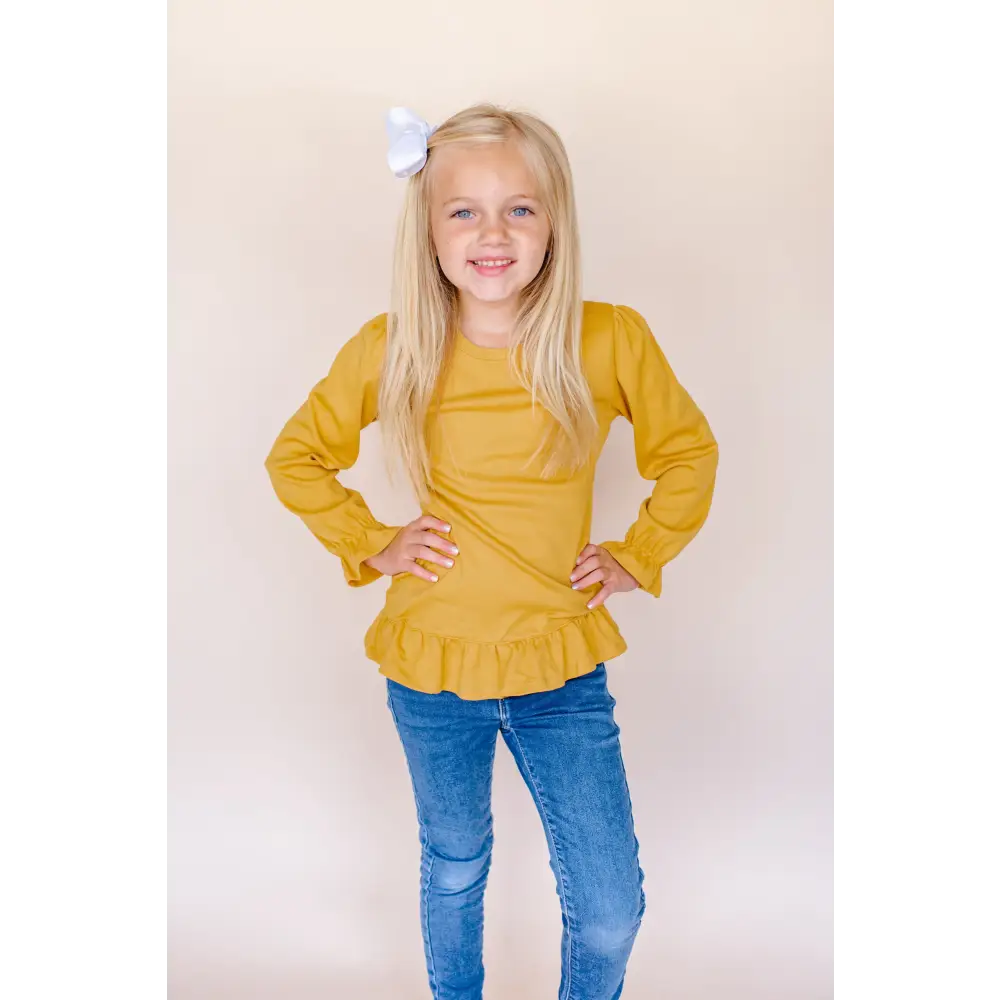 Girl’s Long Sleeve Ruffle Shirt (Youth) - Harvest Gold / 6 - ARB Blanks