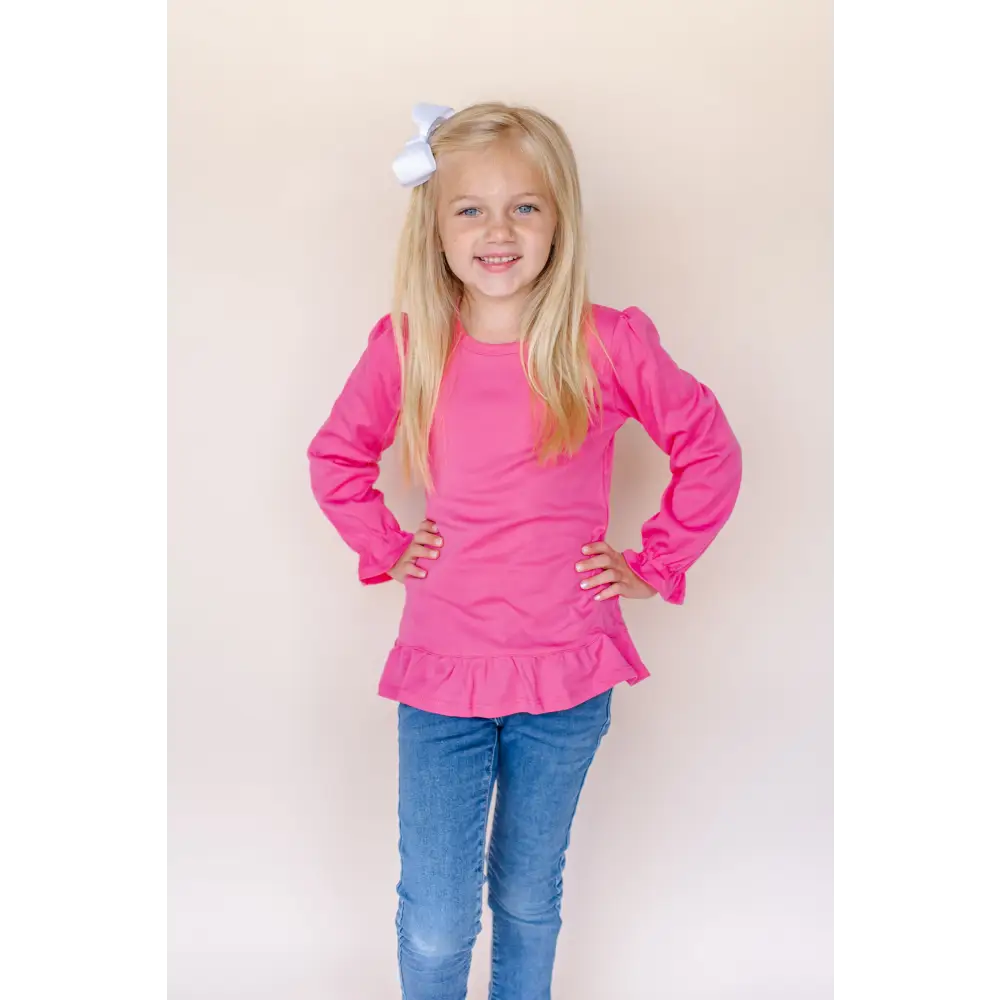 Girl’s Long Sleeve Ruffle Shirt (Youth) - Hot Pink / 6 - ARB Blanks
