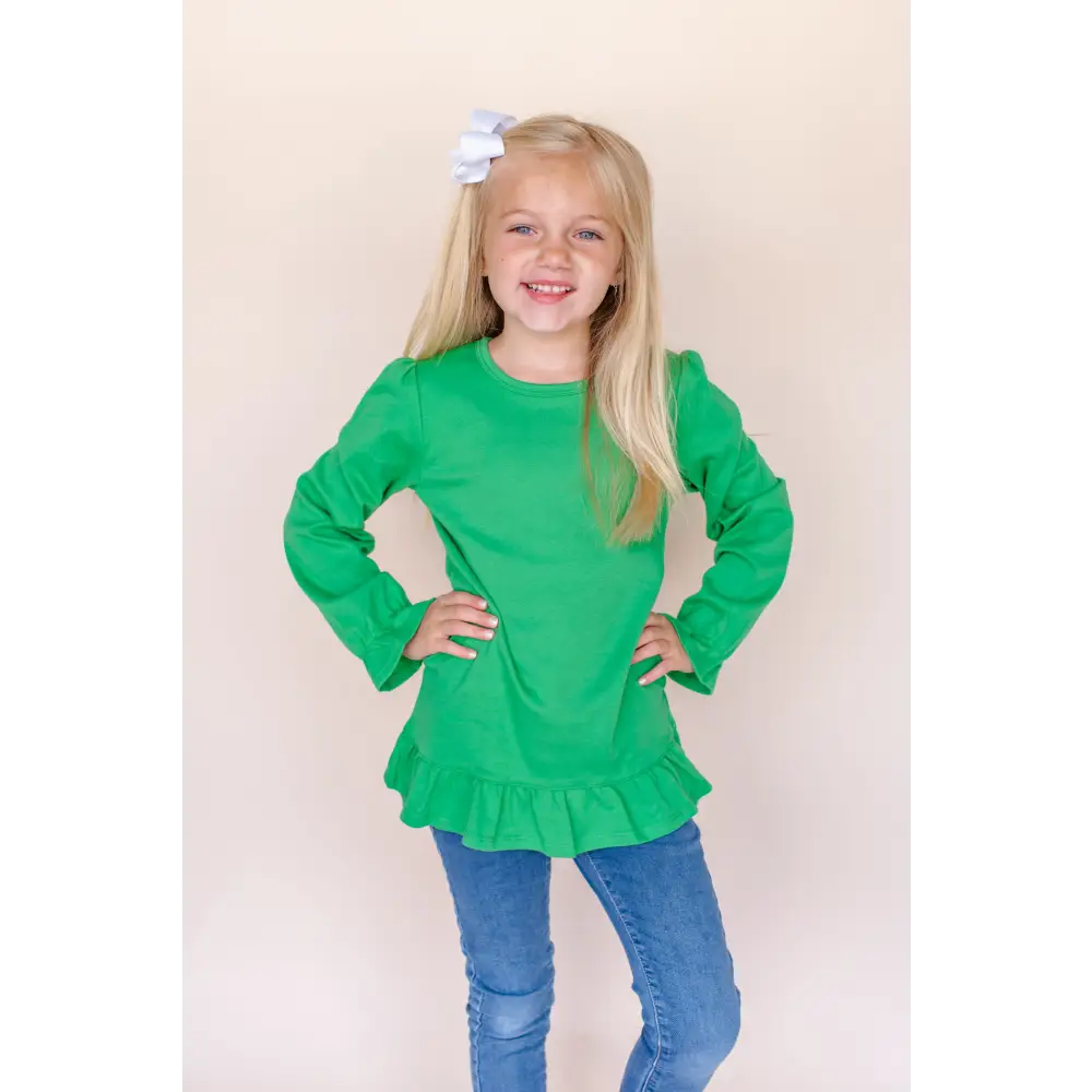 Girl’s Long Sleeve Ruffle Shirt (Youth) - Kelly Green / 6 - ARB Blanks