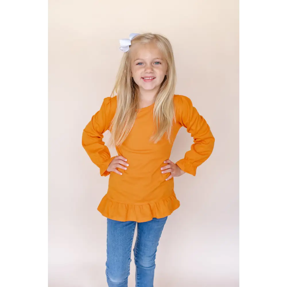 Girl’s Long Sleeve Ruffle Shirt (Youth) - Orange / 6 - ARB Blanks
