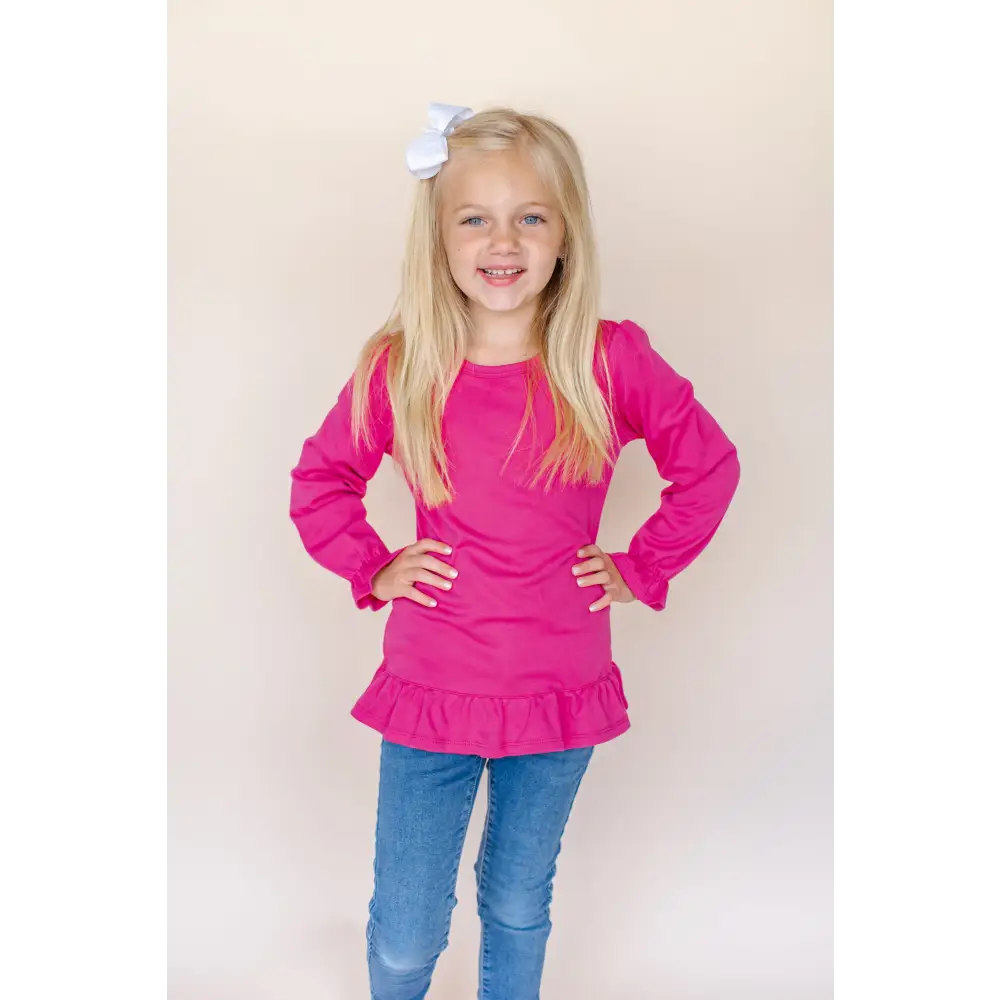 Girl’s Long Sleeve Ruffle Shirt (Youth) - Raspberry / 6 - ARB Blanks