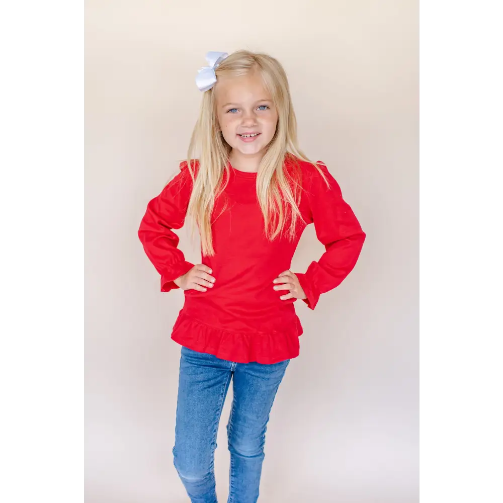Girl’s Long Sleeve Ruffle Shirt (Youth) - Red / 6 - ARB Blanks
