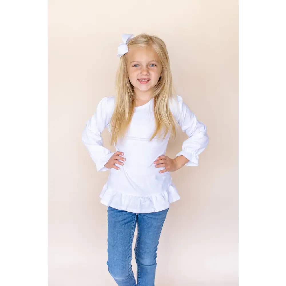 Girl’s Long Sleeve Ruffle Shirt (Youth) - White / 6 - ARB Blanks