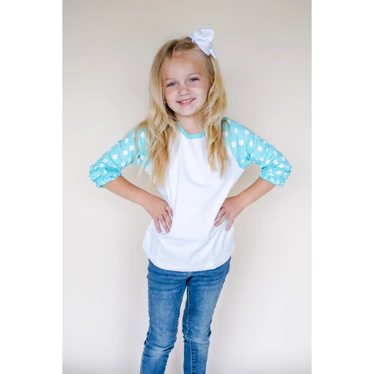 Girl’s Polka Dot Triple Ruffle Raglans - Aruba Blue & White / 12M - ARB Blanks