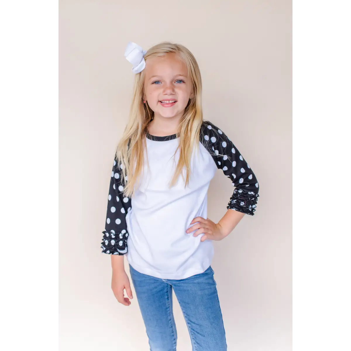 Girl’s Polka Dot Triple Ruffle Raglans - Black & White / 12M - ARB Blanks